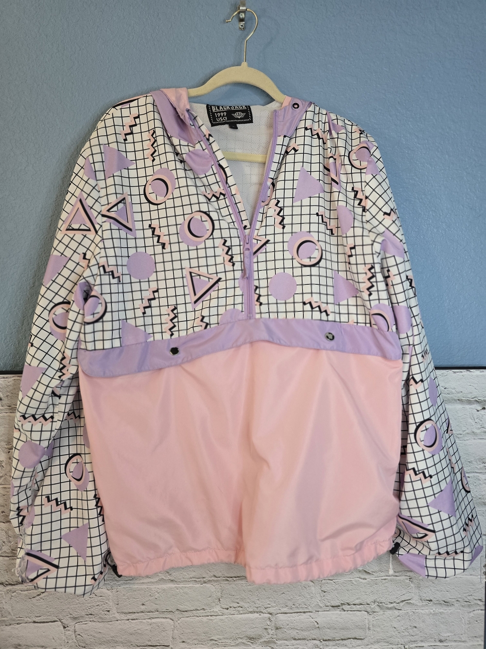 Retro Pastel Geometric Pullover Bomber Jacket - Pink & Lavender Sz L